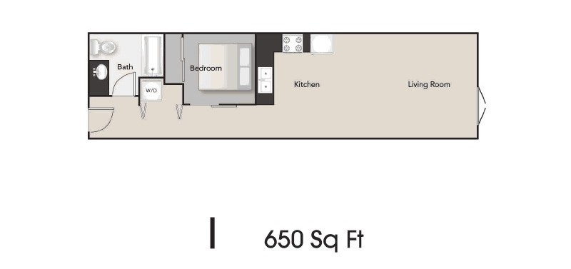 Floor plan for 1 bed, 1 bath, 650 sqft